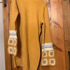 Mustard Yellow Knit Sweater Deess with Crochet Sleeves